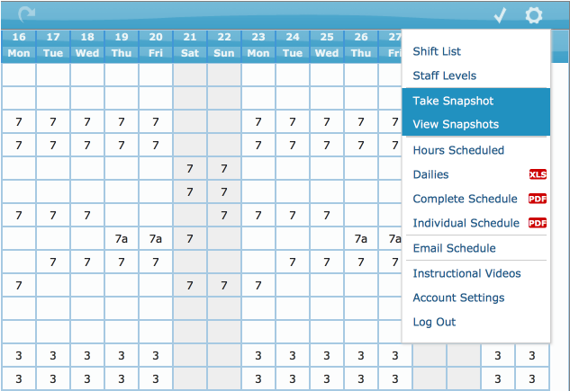 take and view snapshots drop-down menu options